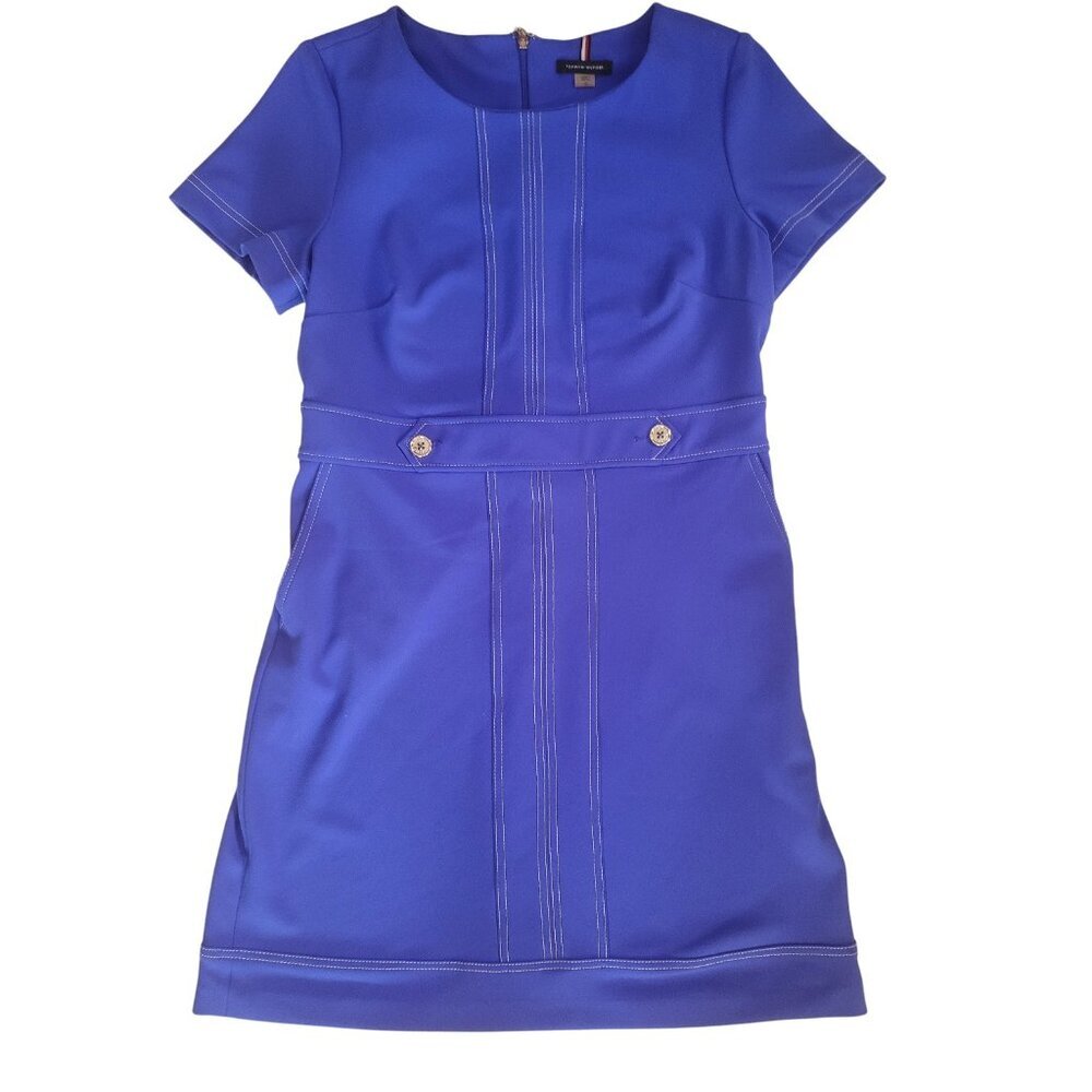Tommy Hilfiger Blue Midi Dress Silver Hardware Zip Back Sz 12 - Picture 2 of 8